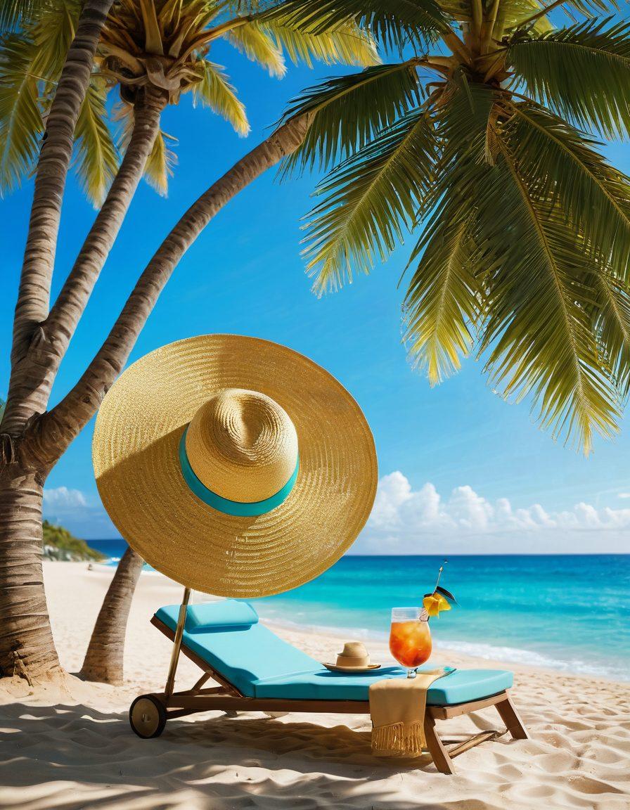 A stunning tropical beach scene featuring luxurious beachwear laid out on a sunbed under a palm tree, vibrant turquoise waves crashing in the background. Include a stylish wide-brimmed sunhat, elegant sunglasses, and a cocktail adorned with a tiny umbrella on a side table, all bathed in golden sunlight. Convey a sense of relaxation and sophistication for the ultimate getaway vibe. super-realistic. vibrant colors. 3D.